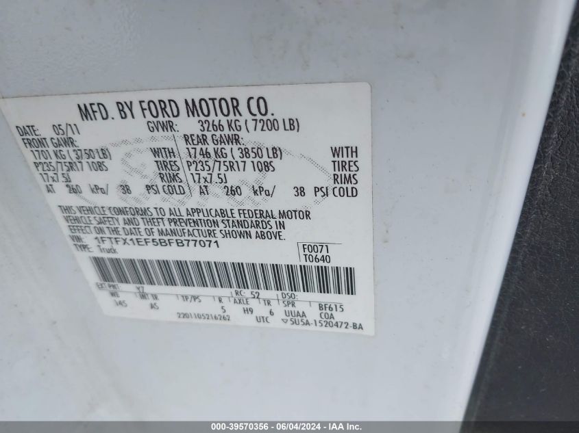 2011 Ford F-150 Xl VIN: 1FTFX1EF5BFB77071 Lot: 39570356