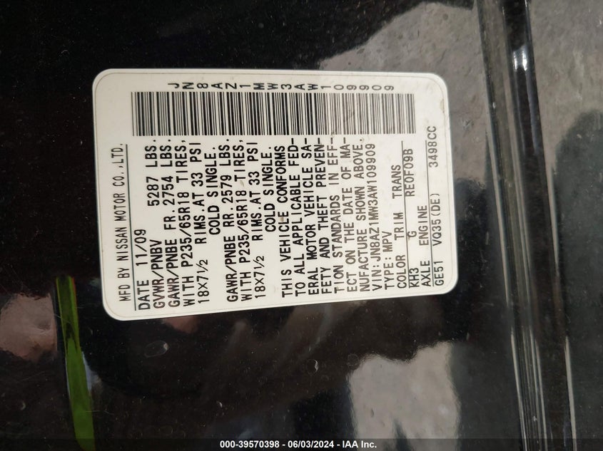 2010 Nissan Murano Sl VIN: JN8AZ1MW3AW109909 Lot: 39570398