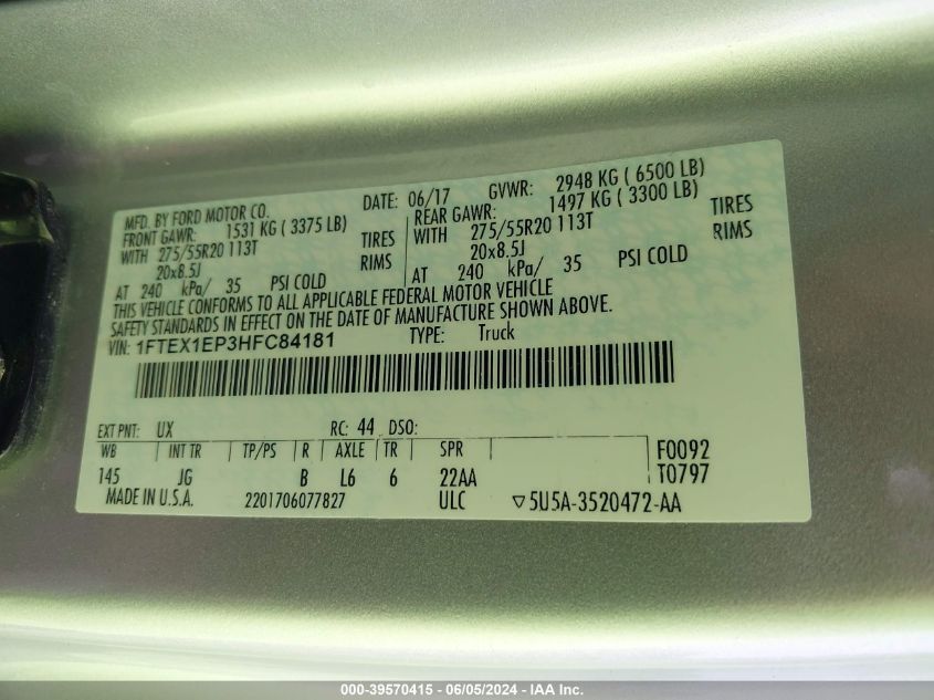 2017 Ford F-150 Xl VIN: 1FTEX1EP3HFC84181 Lot: 39570415