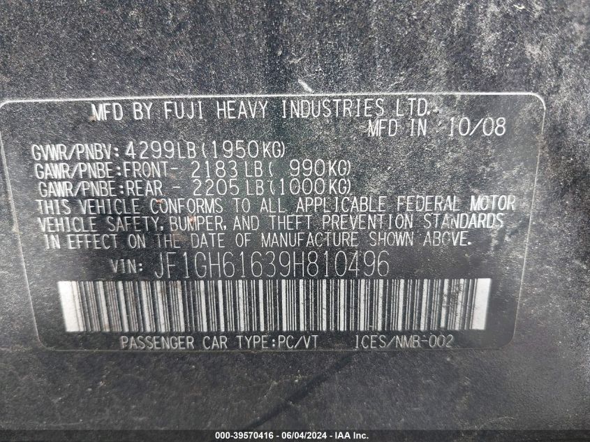 2009 Subaru Impreza 2.5I VIN: JF1GH61639H810496 Lot: 39570416