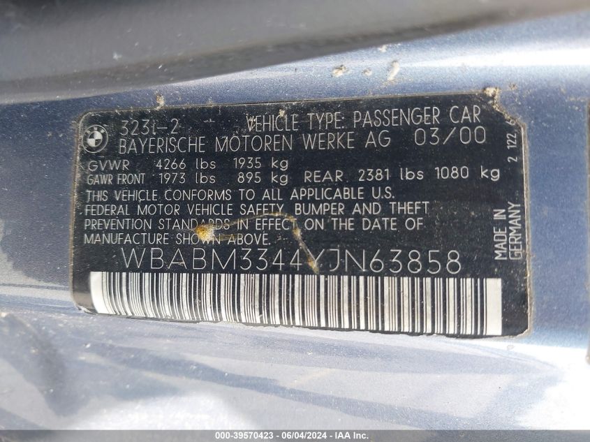 2000 BMW 323Ci VIN: WBABM3344YJN63858 Lot: 39570423