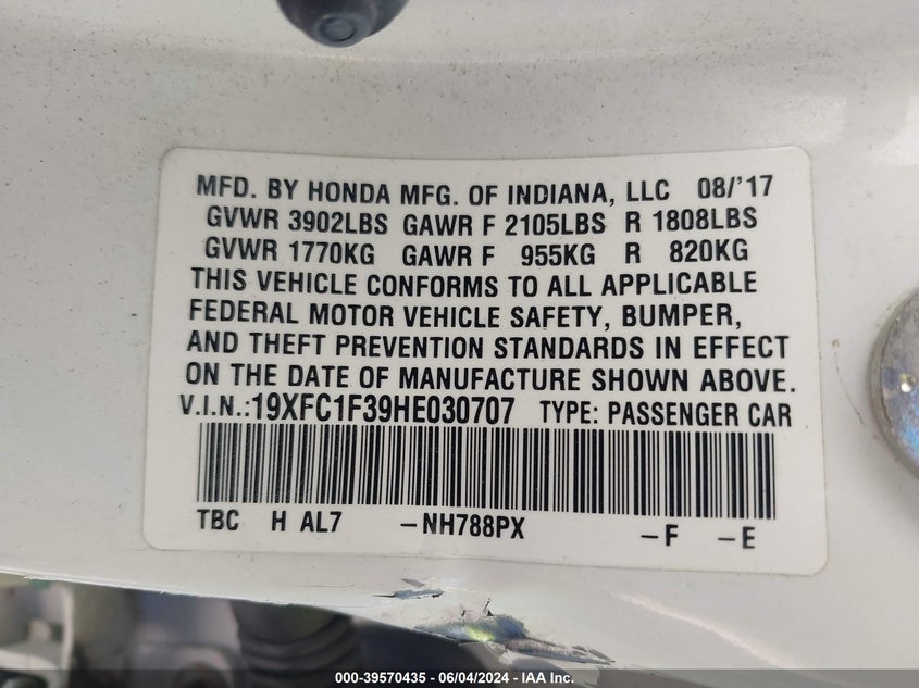 VIN 19XFC1F39HE030707 2017 HONDA CIVIC EX