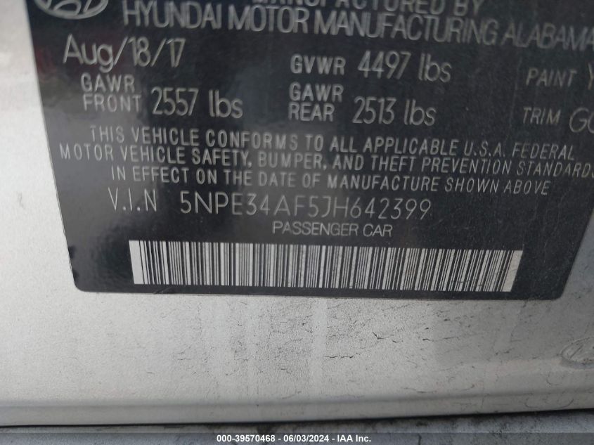 2018 Hyundai Sonata Sel VIN: 5NPE34AF5JH642399 Lot: 39570468