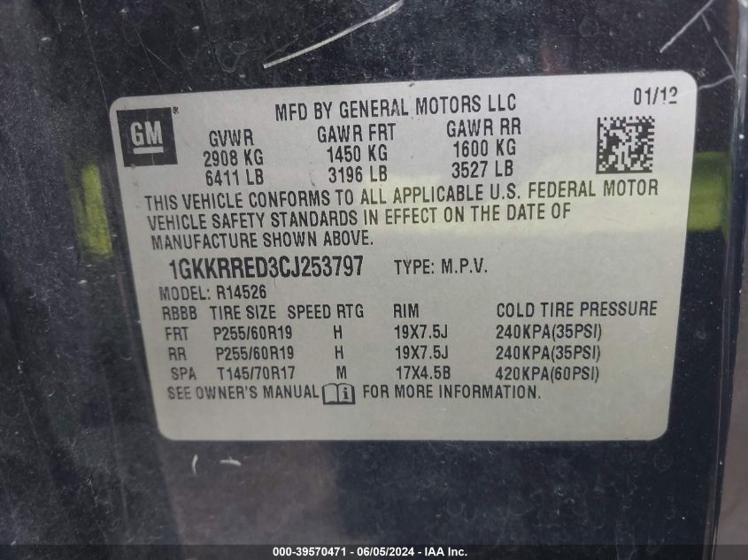 2012 GMC Acadia Slt-1 VIN: 1GKKRRED3CJ253797 Lot: 39570471