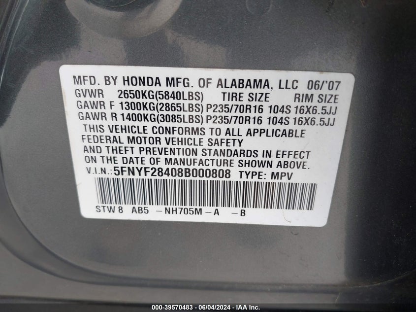 2008 Honda Pilot Ex VIN: 5FNYF28408B000808 Lot: 39570483