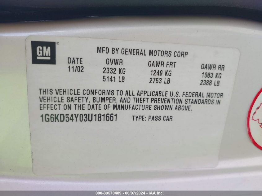 2003 Cadillac Deville Standard VIN: 1G6KD54Y03U181661 Lot: 39570489