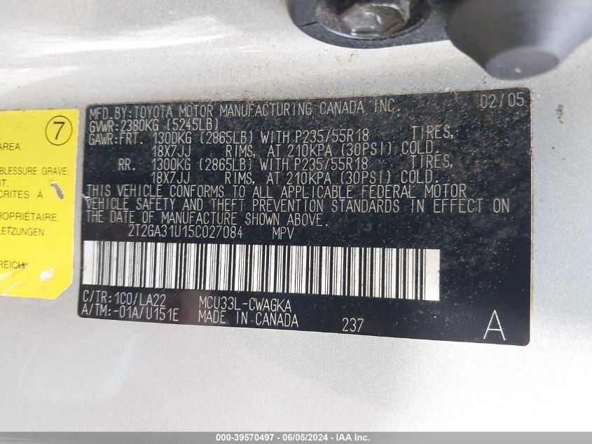 2005 Lexus Rx 330 VIN: 2T2GA31U15C027084 Lot: 39570497