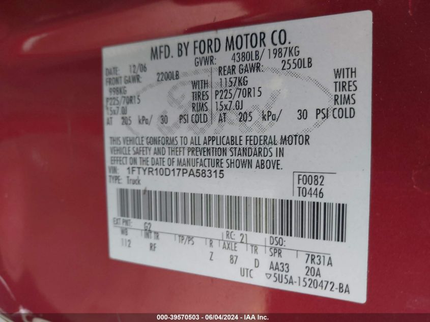 2007 Ford Ranger Stx/Xl/Xlt VIN: 1FTYR10D17PA58315 Lot: 39570503