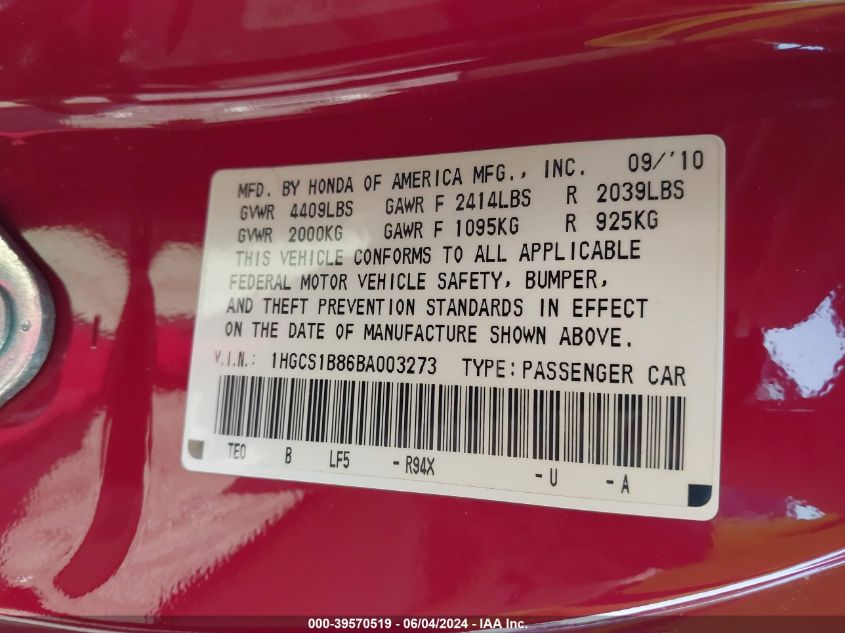 2011 Honda Accord 2.4 Ex-L VIN: 1HGCS1B86BA003273 Lot: 39570519