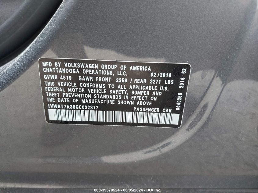 2016 Volkswagen Passat 1.8T Se VIN: 1VWBT7A36GC032877 Lot: 39570524