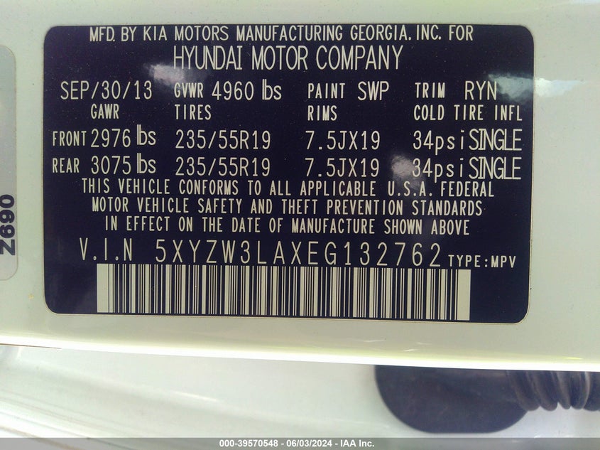 2014 Hyundai Santa Fe Sport 2.0L Turbo VIN: 5XYZW3LAXEG132762 Lot: 39570548