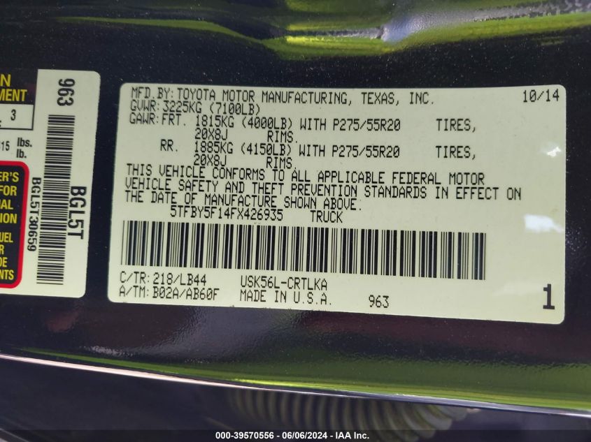 2015 Toyota Tundra Limited 5.7L V8 VIN: 5TFBY5F14FX426935 Lot: 39570556