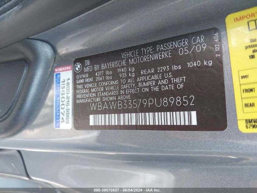 2009 BMW 328I VIN: WBAWB33579PU89852 Lot: 39570557
