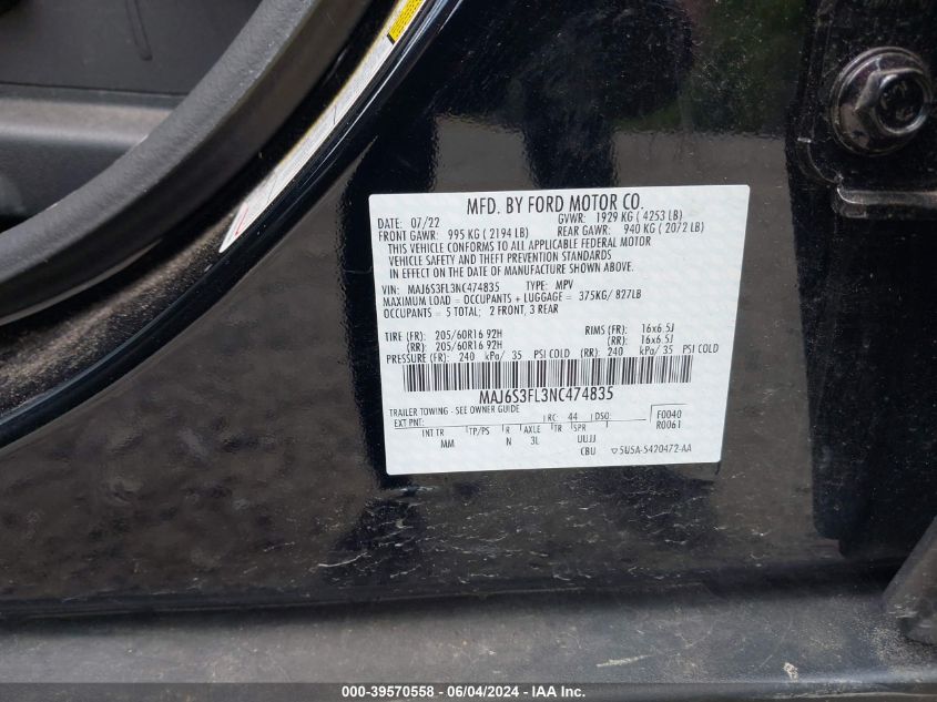 2022 Ford Ecosport S VIN: MAJ6S3FL3NC474835 Lot: 39570558