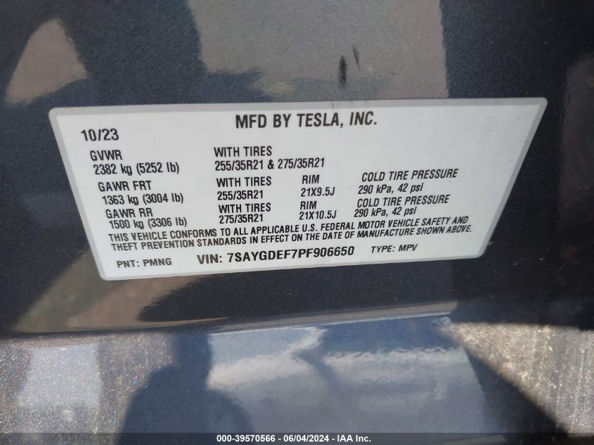 7SAYGDEF7PF906650 2023 Tesla Model Y