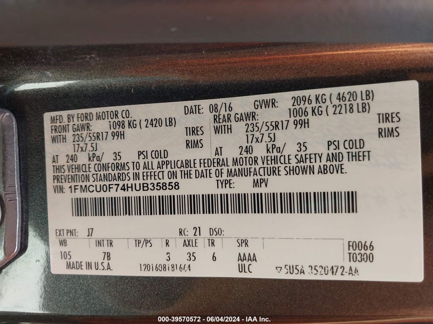 2017 Ford Escape S VIN: 1FMCU0F74HUB35858 Lot: 39570572