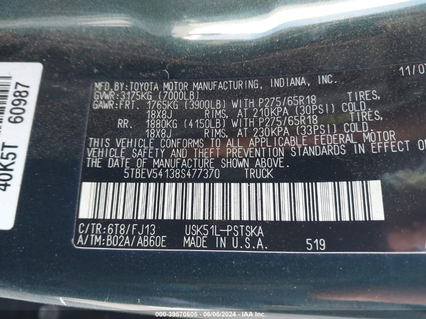 2008 Toyota Tundra Sr5 5.7L V8 VIN: 5TBEV54138S477370 Lot: 39570605