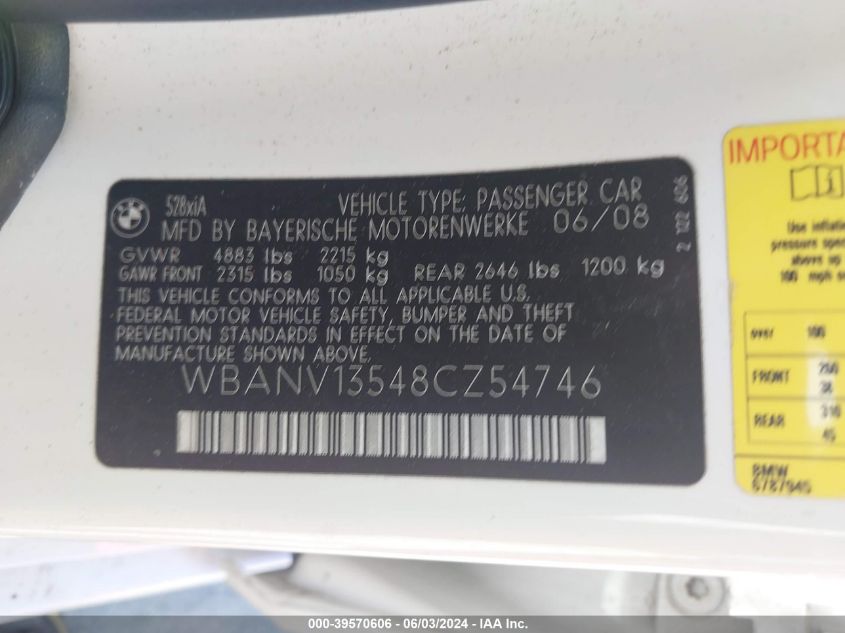 2008 BMW 528Xi VIN: WBANV13548CZ54746 Lot: 39570606