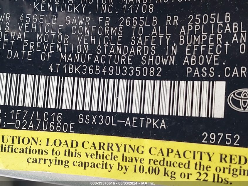 2009 Toyota Avalon Limited VIN: 4T1BK36B49U335082 Lot: 39570616