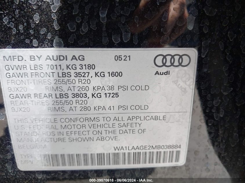 2021 Audi E-Tron Premium Plus Quattro VIN: WA1LAAGE2MB038884 Lot: 39570618