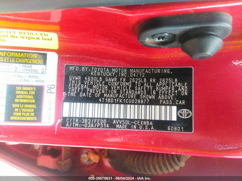 2012 Toyota Camry Hybrid Le VIN: 4T1BD1FK1CU028877 Lot: 39570631