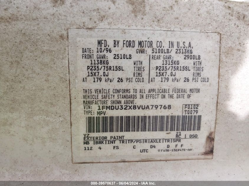 1997 Ford Explorer Eddie Bauer/Limited/Xl/Xlt VIN: 1FMDU32X8VUA79768 Lot: 39570637