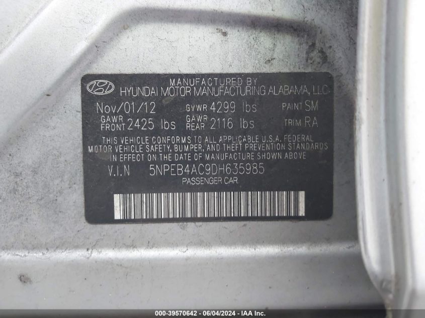 2013 Hyundai Sonata Gls VIN: 5NPEB4AC9DH635985 Lot: 39570642