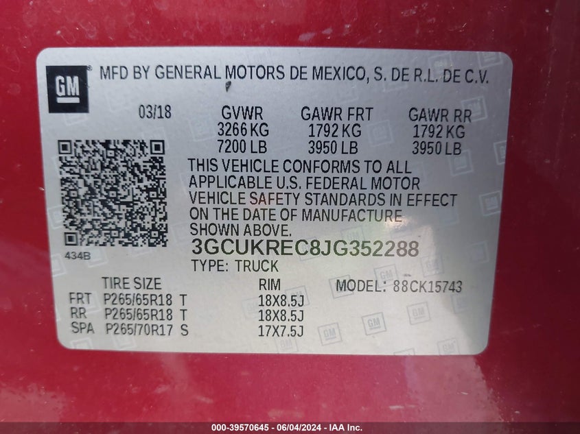 2018 Chevrolet Silverado 1500 2Lt VIN: 3GCUKREC8JG352288 Lot: 39570645