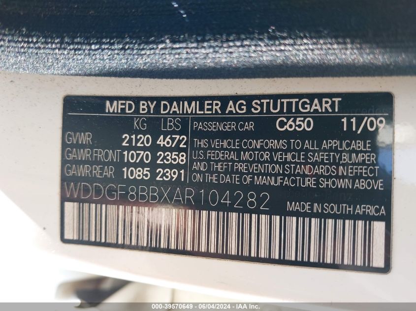 2010 Mercedes-Benz C 300 Luxury 4Matic/Sport 4Matic VIN: WDDGF8BBXAR104282 Lot: 39570649