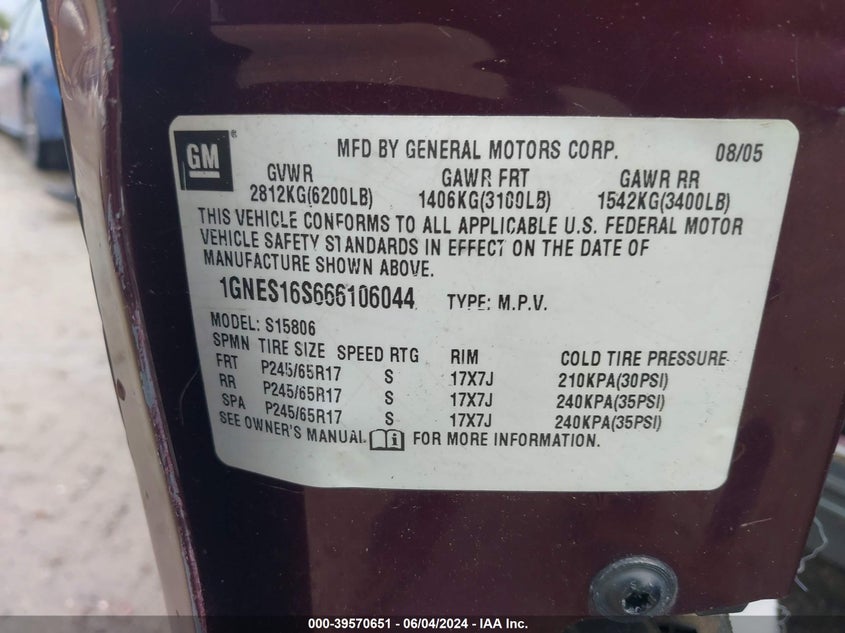 2006 Chevrolet Trailblazer Ext Ls VIN: 1GNES16S666106044 Lot: 39570651