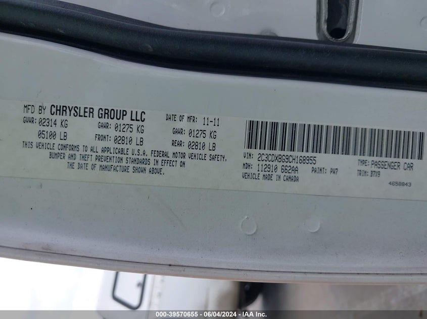 2012 Dodge Charger Se VIN: 2C3CDXBG9CH168955 Lot: 39570655