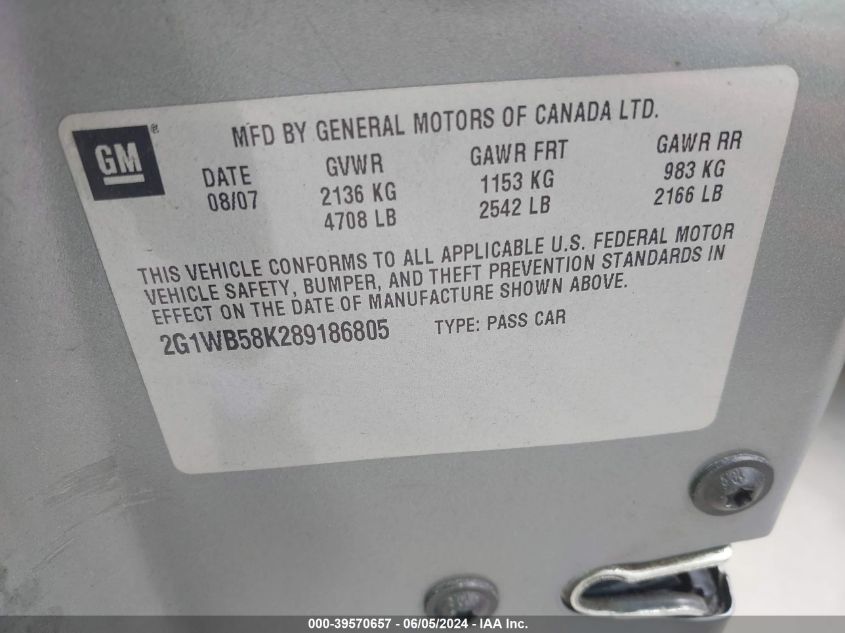 2008 Chevrolet Impala Ls VIN: 2G1WB58K289186805 Lot: 39570657