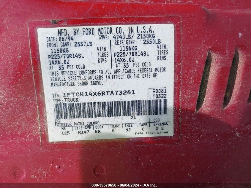 1994 Ford Ranger Super Cab VIN: 1FTCR14X6RTA73241 Lot: 39570658