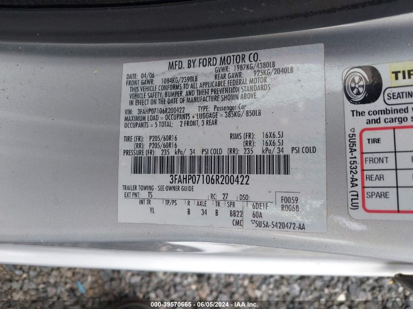 2006 Ford Fusion Se VIN: 3FAHP07106R200422 Lot: 39570665
