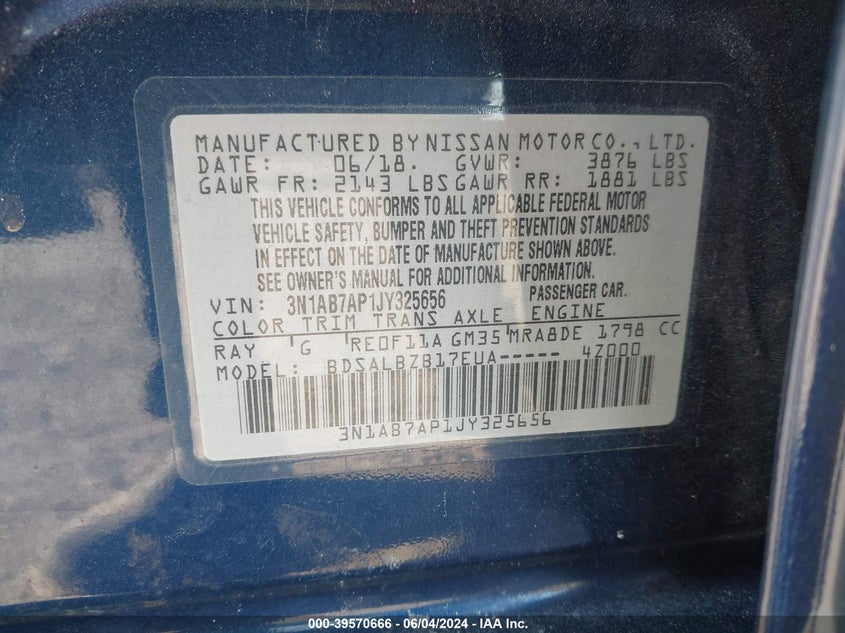 2018 Nissan Sentra S VIN: 3N1AB7AP1JY325656 Lot: 39570666