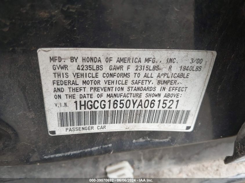 2000 Honda Accord 3.0 Ex VIN: 1HGCG1650YA061521 Lot: 39570692