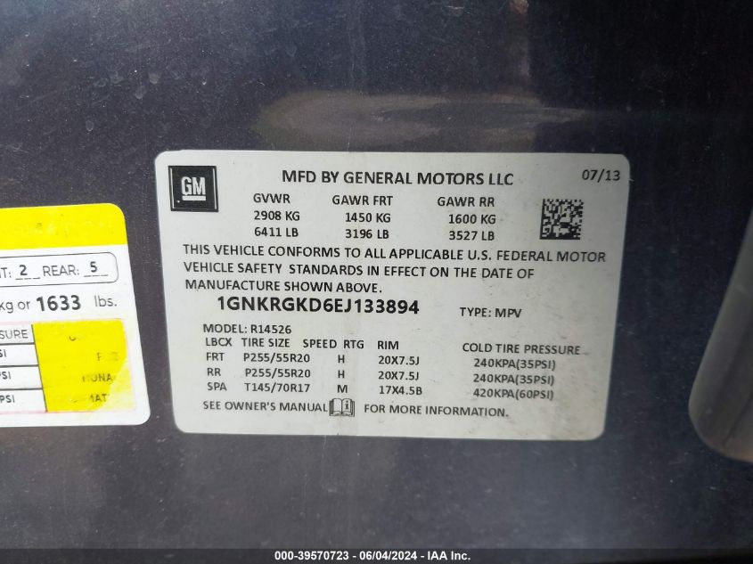 2014 Chevrolet Traverse 1Lt VIN: 1GNKRGKD6EJ133894 Lot: 39570723