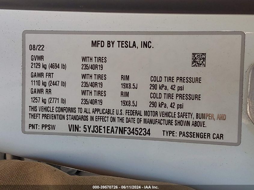 2022 Tesla Model 3 Rear-Wheel Drive VIN: 5YJ3E1EA7NF345234 Lot: 39570726