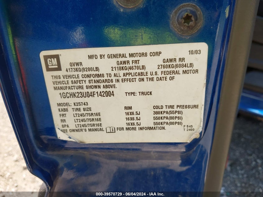 2004 Chevrolet Silverado 2500Hd Ls VIN: 1GCHK23U04F142004 Lot: 39570729