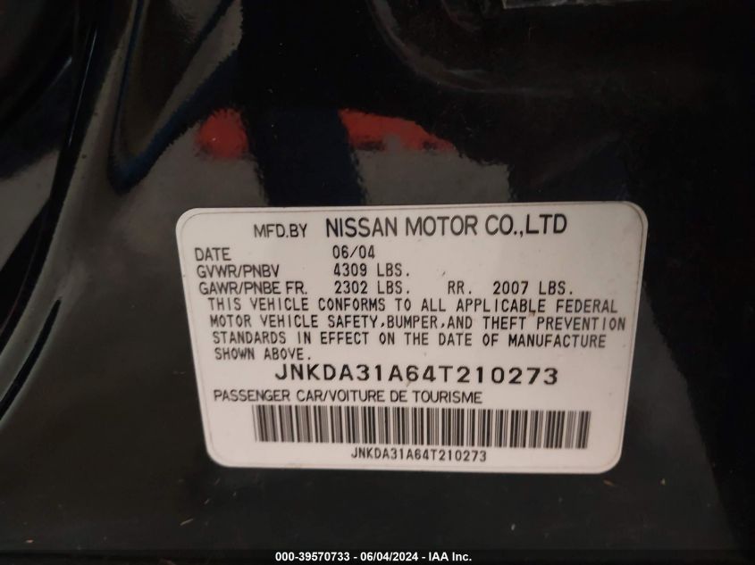 2004 Infiniti I35 Luxury VIN: JNKDA31A64T210273 Lot: 39570733