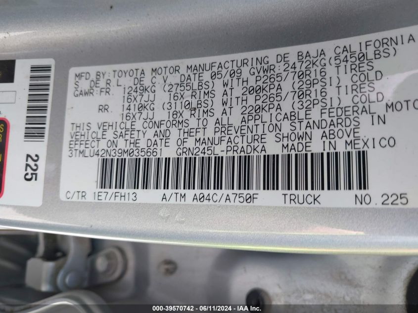 2009 Toyota Tacoma Base V6 VIN: 3TMLU42N39M035661 Lot: 39570742