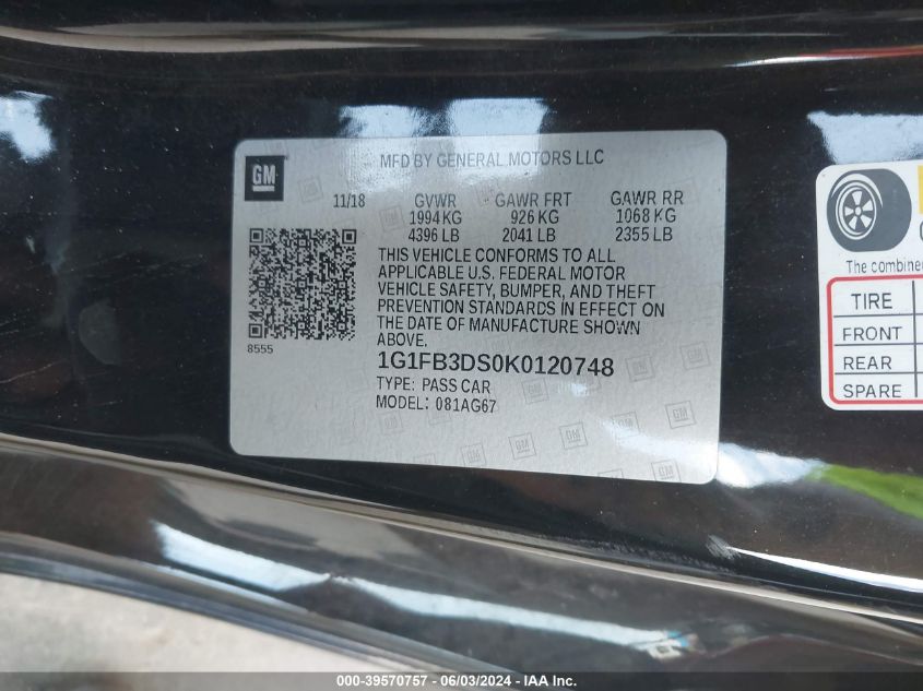 2019 Chevrolet Camaro 1Lt VIN: 1G1FB3DS0K0120748 Lot: 39570757