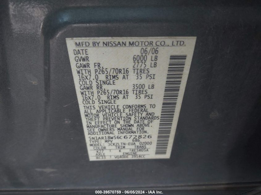 5N1AR18W56C672826 2006 Nissan Pathfinder Se