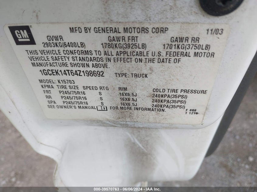 2004 Chevrolet Silverado 1500 Ls VIN: 1GCEK14T64Z198692 Lot: 39570763