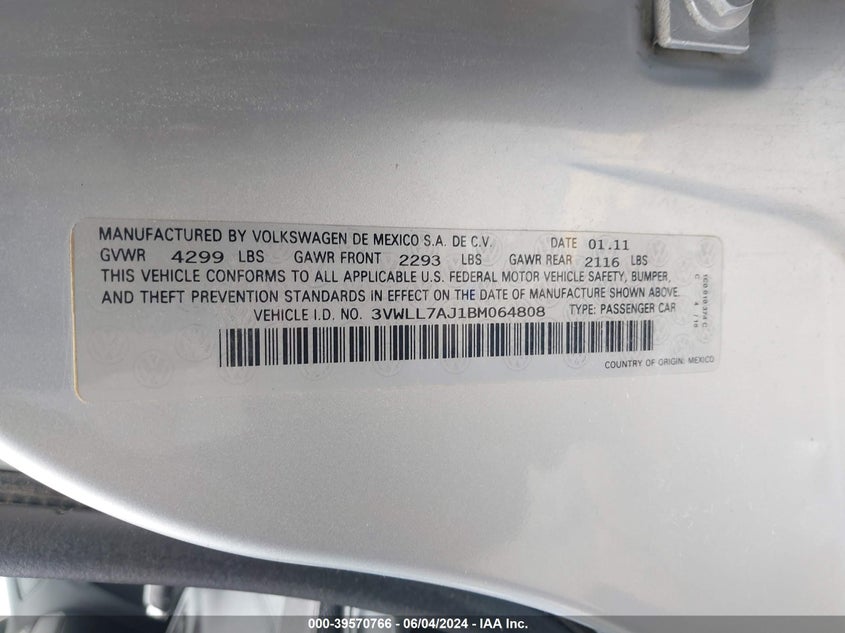 2011 Volkswagen Jetta 2.0L Tdi VIN: 3VWLL7AJ1BM064808 Lot: 39570766