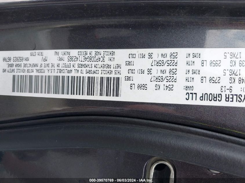 2014 Dodge Journey Sxt VIN: 3C4PDDBG4ET142365 Lot: 39570769