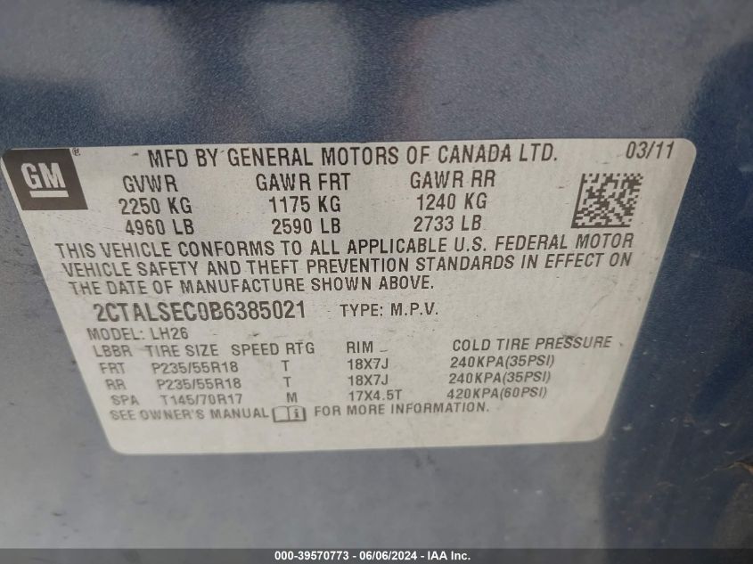 2011 GMC Terrain Sle-2 VIN: 2CTALSEC0B6385021 Lot: 39570773