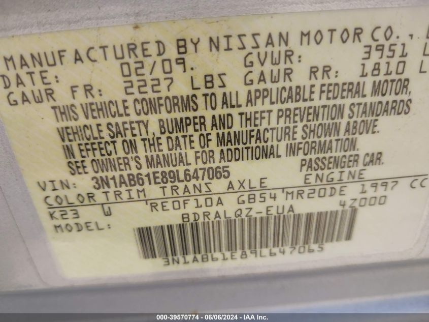 2009 Nissan Sentra 2.0 VIN: 3N1AB61E89L647065 Lot: 39570774