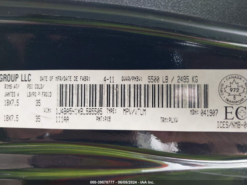 2011 Jeep Wrangler Unlimited Sahara VIN: 1J4BA5H1XBL585505 Lot: 39570777