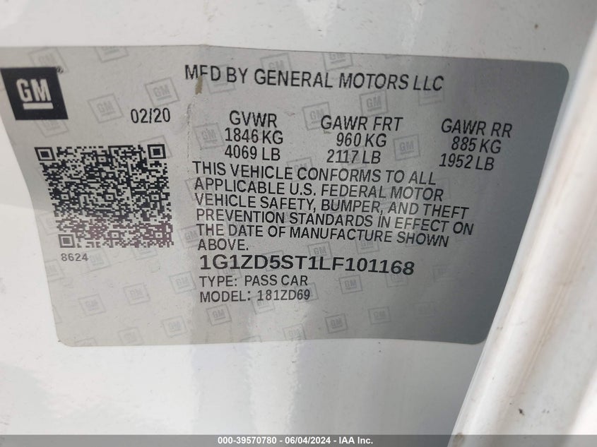 2020 Chevrolet Malibu Fwd Lt VIN: 1G1ZD5ST1LF101168 Lot: 39570780
